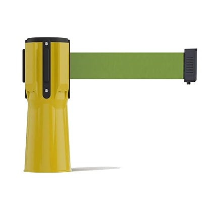 Trafford Industrial 11 Ft Cone-Mounted Retractable Belt Barrier, Olive Belt | Yellow ABS Case, 2-inch Herringbone Webbing, 4-way Receiver for Up to 3 Additional Barriers, Belt-braking Retraction