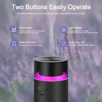 HODEMI Portable Smart Car Essential Oil Diffuser,Cordless Mini Cold Mist Aromatherapy Air Freshener Diffuser with Mode Memory,Auto On/Off,4/8 Timer Modes,for Bedroom Office and Travel (Black)