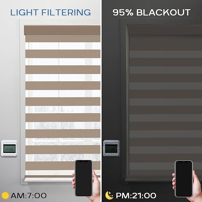 Motorized Zebra Blinds Compatible with Alexa Smart Dual Layer Shades with Control Remote Roller Blinds Automatic Shades for Smart Home and Office Customized Size (95% Shading - Luxury Coffee)
