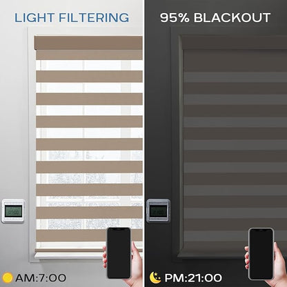 Motorized Zebra Blinds Compatible with Alexa Smart Dual Layer Shades with Control Remote Roller Blinds Automatic Shades for Smart Home and Office Customized Size (95% Shading - Luxury Coffee)