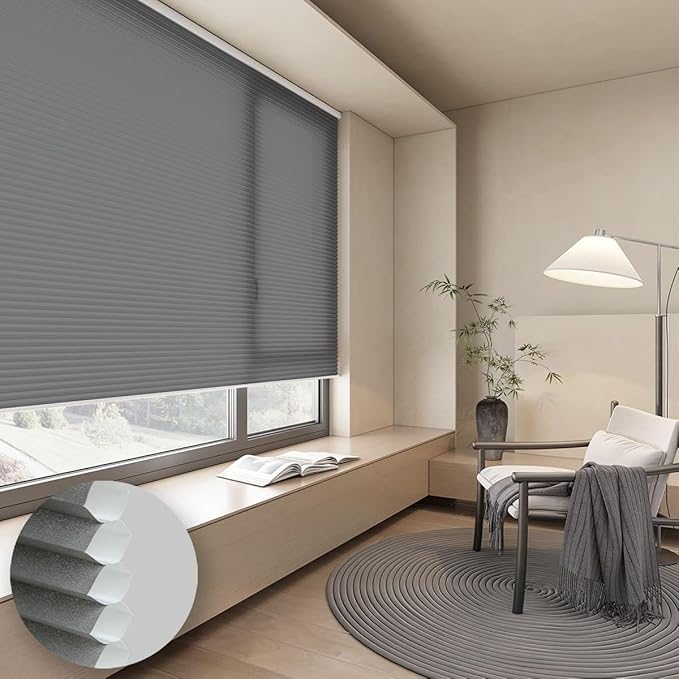 Cellular Shades Light Filtering Honeycomb Blinds for Indoor Windows, Cordless Cellular Shades 1.5 inch Cell Pleated for Bedroom Home Office, Custom Size, Half Shading Grey