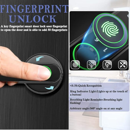 Smart Fingerprint Door Lock, Keyless Entry Door Lock with APP - Cards - Backup Key - Fingerprints - Codes, Biometric Door Lock for Bedroom Hotel Office Apartment(Black)