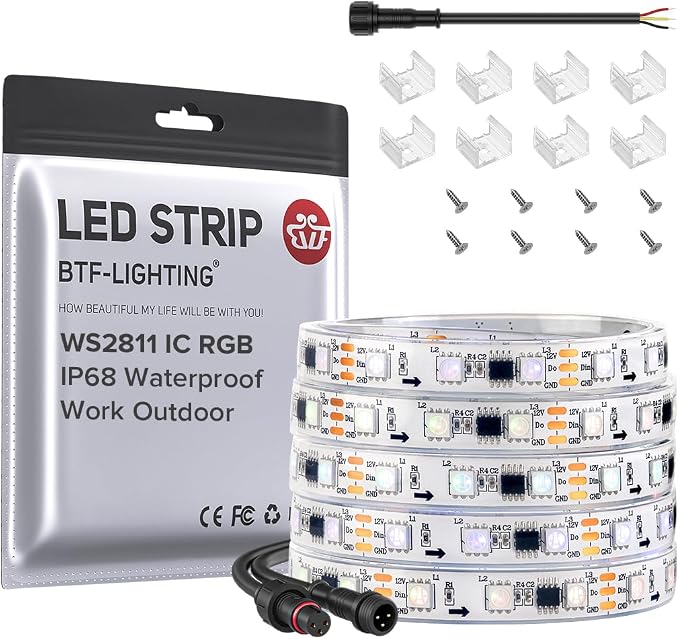 BTF-LIGHTING WS2811 Addressable RGB LED Strip 16.4FT 300LED DC12V IP68 | Waterproof 100Pixels IC=RGB+IC UL Listed White PCB Chasing Effect for outdoor Decor(No Adapter or Controller)