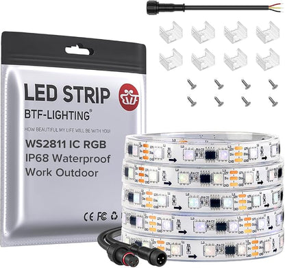 BTF-LIGHTING WS2811 Addressable RGB LED Strip 16.4FT 300LED DC12V IP68 | Waterproof 100Pixels IC=RGB+IC UL Listed White PCB Chasing Effect for outdoor Decor(No Adapter or Controller)