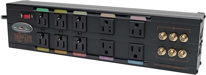 Tripp Lite Isobar 10 Outlet Audio/Video Surge Protector Tel/Modem/Coax/Network 8ft Cord Right Angle Plug, & $500,000 Insurance (HT10DBS) Black