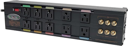 Tripp Lite Isobar 10 Outlet Audio/Video Surge Protector Tel/Modem/Coax/Network 8ft Cord Right Angle Plug, & $500,000 Insurance (HT10DBS) Black