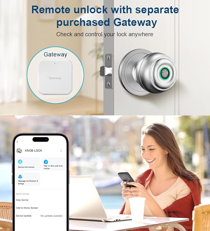 KLLOQUE Fingerprint Door Lock, Smart Fingerprint Door Knob with Lock, Biometric Door Locks with App Control & Key, Keyless Thumbprint Entry Door Locks for Bedroom, Front Door, Home, Apartment-Silver