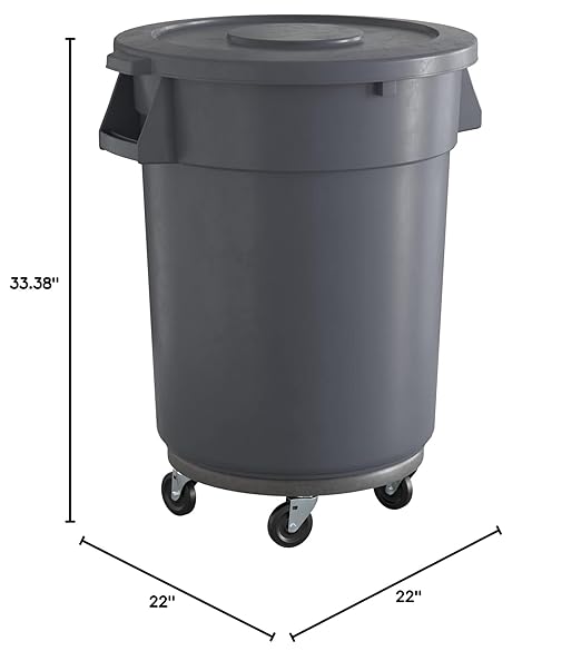 32 Gallon Gray Round Commercial Trash Can with Lid and Dolly, Heavy-Duty Food Grade NSF Certified, Perfect for Restaurant, Office, School, Garage, Backyard, Workshop, Warehouse