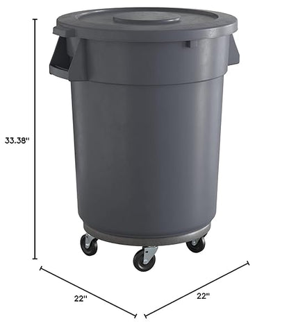 32 Gallon Gray Round Commercial Trash Can with Lid and Dolly, Heavy-Duty Food Grade NSF Certified, Perfect for Restaurant, Office, School, Garage, Backyard, Workshop, Warehouse