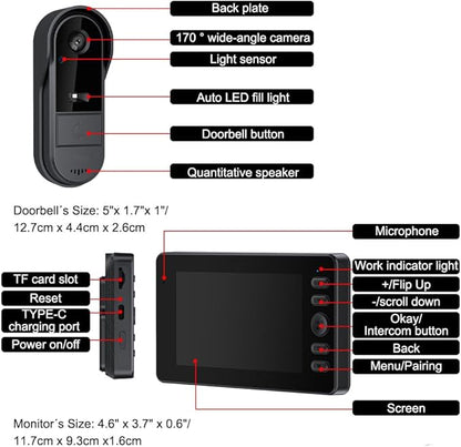 TKMARS Doorbell Camera Wireless No Subscription Video Doorbell, Two-Way Activation & Intercom, IPX65 Waterproof, 1080P Video, 4.3” Screen, 170° Viewing Angle, No APP, No WiFi