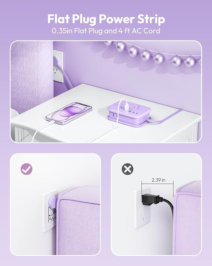 NTONPOWER Purple Travel Power Strip, 6 Outlets 4 USB Ports(2 USB C), 4ft Purple Extension Cord Wrapped Around Small Power Strip, Compact for Travel, Hotel, Cruise Approved