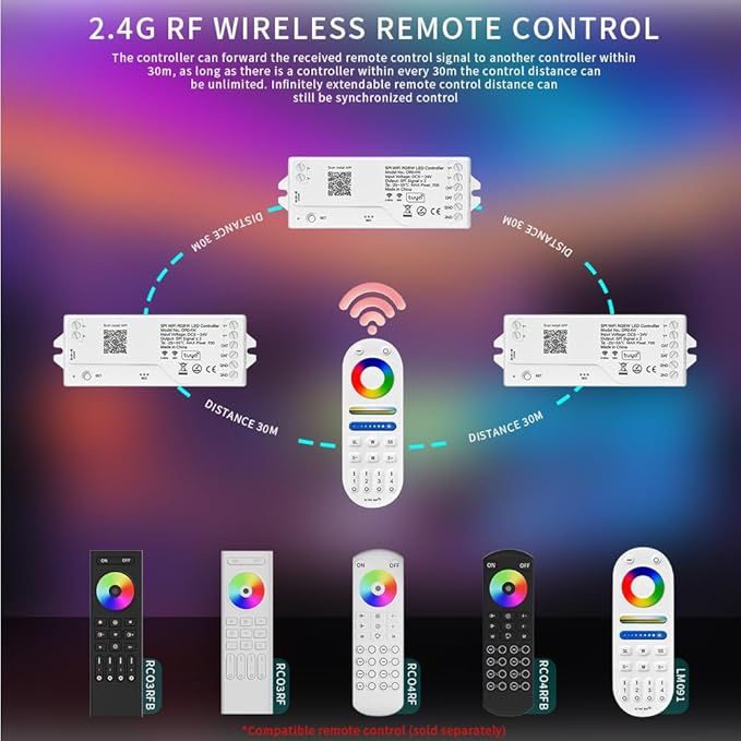 DR04W RGBW SPI SMD COB 3PIN Addressable LED Strip 2.4GHz Tuya WiFi Controller, Support Alexa Google Home Smartphone APP Control Compatible with WR01RF RC03RFB Remote(No for WS2812B WS2811)