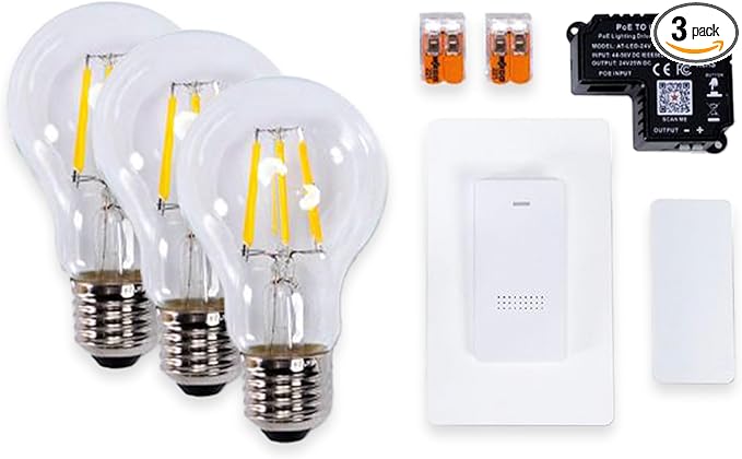 PoE Texas - PoE Lighting Plug and Play Kit with 24V LED Driver, 3X 2700K 6W LED Light Bulbs, Wireless Light Switch - Efficient 6 Watt led Light Bulbs, 40 Watt Equivalency, Soft Warm White A19 Bulb