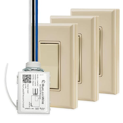 RunLessWire 4-Way Battery-Free DIY Wireless Light Switch Kit 150ft RF Range Self-Powered by Kinetic Energy for Hallways & Stairways: 3 Remote Switches Control 1 5A On/Off Receiver Light Almond