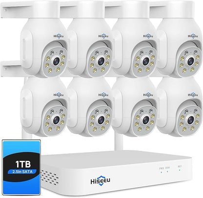 Hiseeu 5MP Wireless PTZ Security Camera System, Indoor Outdoor IP66 Waterproof WiFi Camera, 4K 10CH NVR, 2-Way Audio, Motion Detection Alarm, 24/7 Surveillance, 1TB Hard Drive (Plug-in Power Supply)