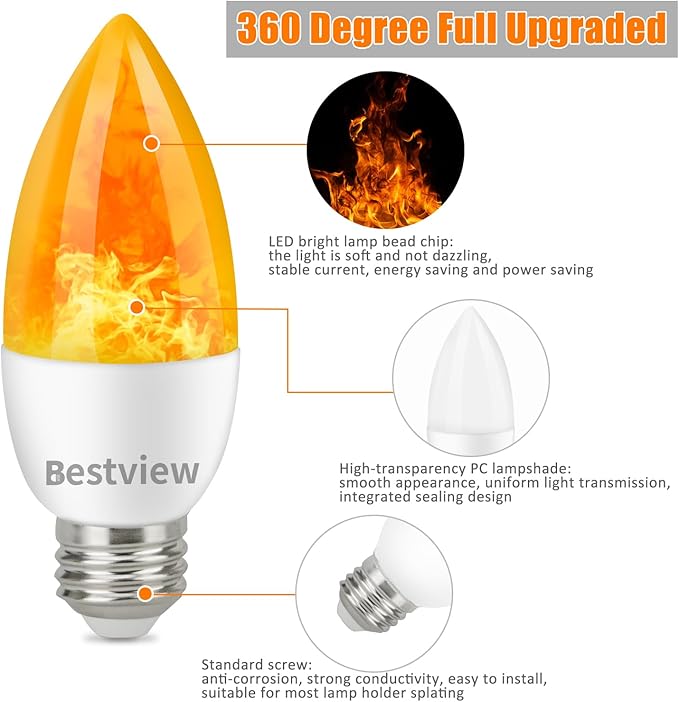 Bestview Flickering Light Bulbs,3 Modes Led Flame Effect Light Bulbs, Smart E26/E27 Chandelier Base Candle Fire Light Bulb for Halloween, Christmas,Party, Porch, Indoor&Outdoor Home Decoration-6 Pack