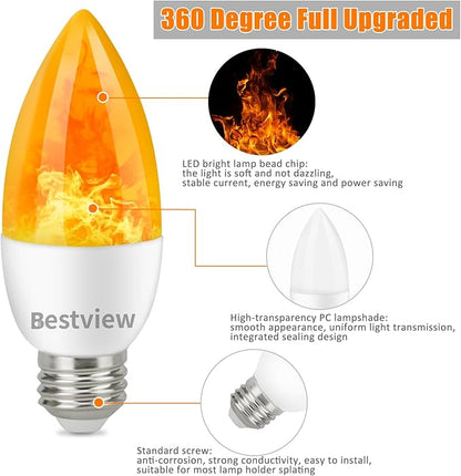Bestview Flickering Light Bulbs,3 Modes Led Flame Effect Light Bulbs, Smart E26/E27 Chandelier Base Candle Fire Light Bulb for Halloween, Christmas,Party, Porch, Indoor&Outdoor Home Decoration-6 Pack