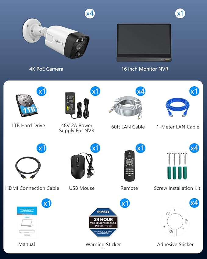 OOSSXX (2026 New 4K PoE Security Camera System Outdoor, 8CH NVR with 16" IPS Monitor & 1TB HDD, 4 Cameras, 130° Wide Angle, AI Human Detection, Two-Way Audio, No Monthly Fee
