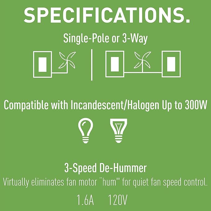 Legrand Pass & Seymour 300W LS Series Preset Dimmer Light Switch for Incandescent & Halogen Bulbs Plus 1.6A Ceiling Fan Control, 3-Way, LSDC163PWV, White, 1 Count