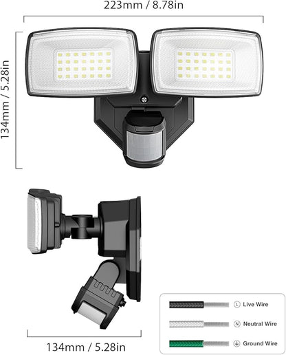 Onforu 32W 2 Head Motion Sensor Outdoor Lights, 3200LM 6500K Hardwired LED Security Light, Dusk to Dawn, Motion Detector Light for Outside, 2 Pack IP65 Waterproof Flood Lights for Garage, Yard(Black)