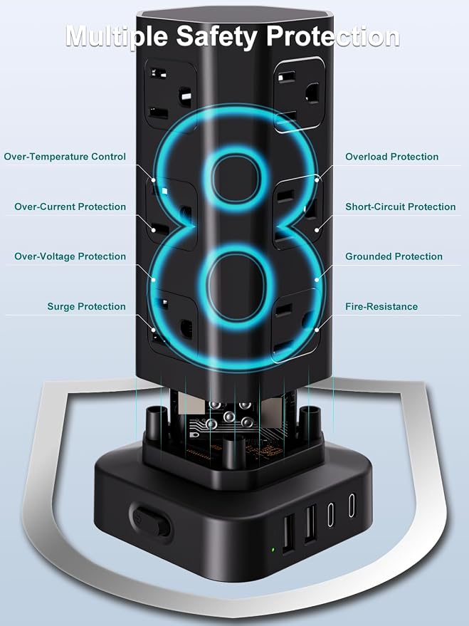 Power Strip Tower Surge Protector, 10FT Flat Plug Extension Cord with Multiple Outlets, 12 AC Outlets 4 USB (2 USB C), Desktop Surge Protection Tower for Home Office Dorm Room, Black