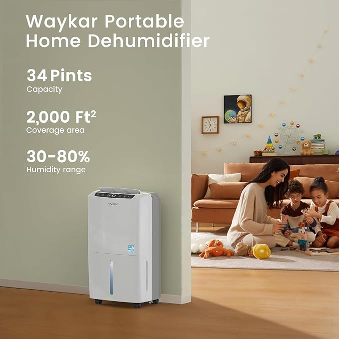 Waykar 34 Pints 2025 Most Efficient Energy Star Dehumidifier for Home & Basement, Ideal for Spaces up to 2,000 Sq. Ft. with Auto or Manual Drainage, 0.62-Gallon Water Tank