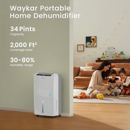 Waykar 34 Pints 2025 Most Efficient Energy Star Dehumidifier for Home & Basement, Ideal for Spaces up to 2,000 Sq. Ft. with Auto or Manual Drainage, 0.62-Gallon Water Tank