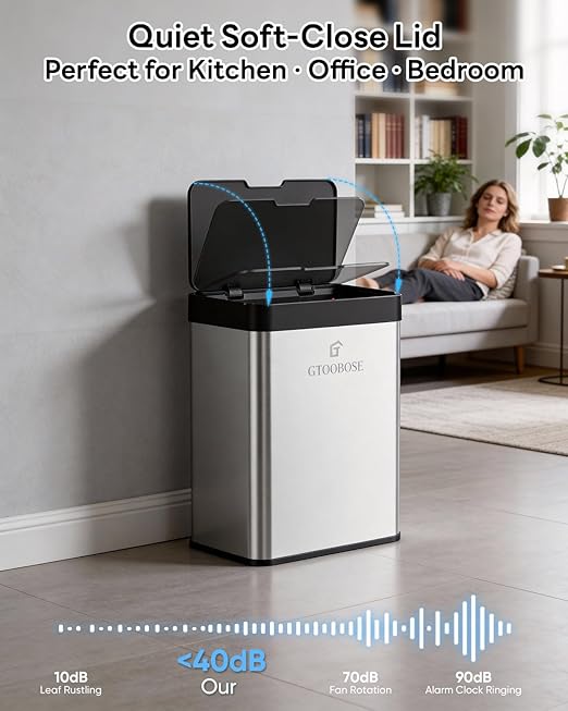 13 Gallon / 50L Touchless Automatic Trash Can, Slim Motion Sensor Kitchen Garbage Can, Stainless Steel, Soft Close Lid, Fingerprint Resistant, Hands-Free, Odor Control, Silver