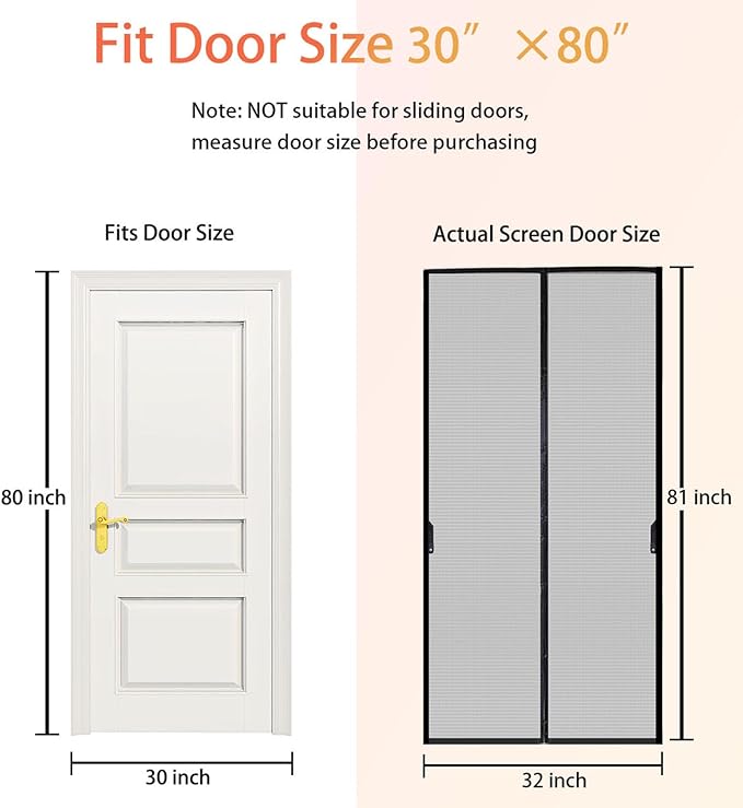 FEGO Magnetic Screen Door Fit Door Size:30"x80", Screen Itself Size 32"x81", Enjoy Breeze, Hands Free Entry, Reinforced Fiberglass Mesh Anti-Tearing, Pet & Kid Friendly, Strong Magnets for Patio/Front