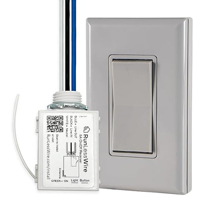RunLessWire Single Pole Battery-Free DIY Wireless Light Switch Kit 150ft RF Range Self-Powered by Kinetic Energy for Fixtures & Outlets : 1 Remote Switch Controls 1 5A On/Off Receiver Gray