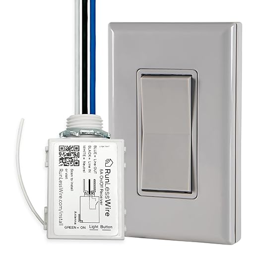 RunLessWire Single Pole Battery-Free DIY Wireless Light Switch Kit 150ft RF Range Self-Powered by Kinetic Energy for Fixtures & Outlets : 1 Remote Switch Controls 1 5A On/Off Receiver Gray