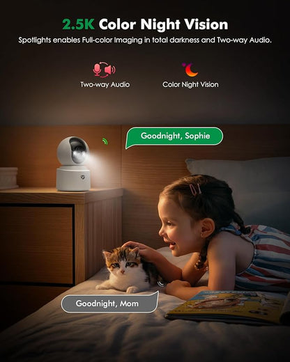 Battery Powered Indoor Camera Wireless, PTZ Pet Camera with 6000mAh Rechargeable, Dual-Band WiFi, 2.5K 4MP Color Night Vision, SD/Cloud Storage, 2-Way Audio, APP Remote, Cat/Dog/Kids/Home Monitoring