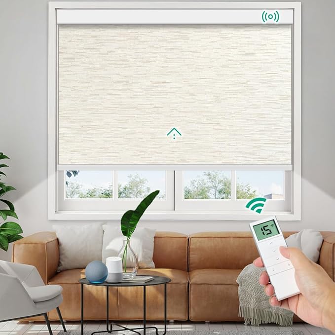 Motorized Roller Shades, 10O% Blackout Remote Control Custom Window Shades Compatible with Alexa Google Assistant via RF Hub, Rechargeable Electric Blinds for Windows (Texture Light Coffee)