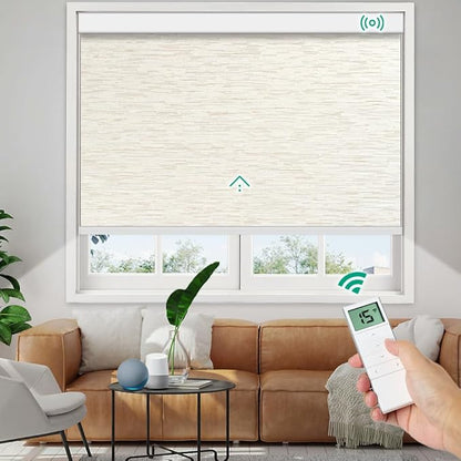 Motorized Roller Shades, 10O% Blackout Remote Control Custom Window Shades Compatible with Alexa Google Assistant via RF Hub, Rechargeable Electric Blinds for Windows (Texture Light Coffee)