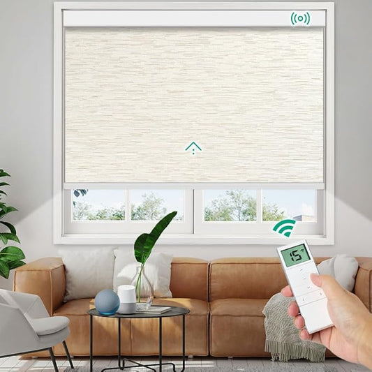 Motorized Roller Shades, 10O% Blackout Remote Control Custom Window Shades Compatible with Alexa Google Assistant via RF Hub, Rechargeable Electric Blinds for Windows (Texture Light Coffee)