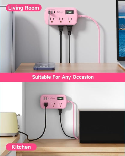 Pink Extension Cord - 5Ft Travel Power Strip with 3 USB(1 USB C) 17W Charging Station and 6 Outlets, Pink Desk Accessories with Surge Protector for Cute Kawaii Gifts College Dorm Desk