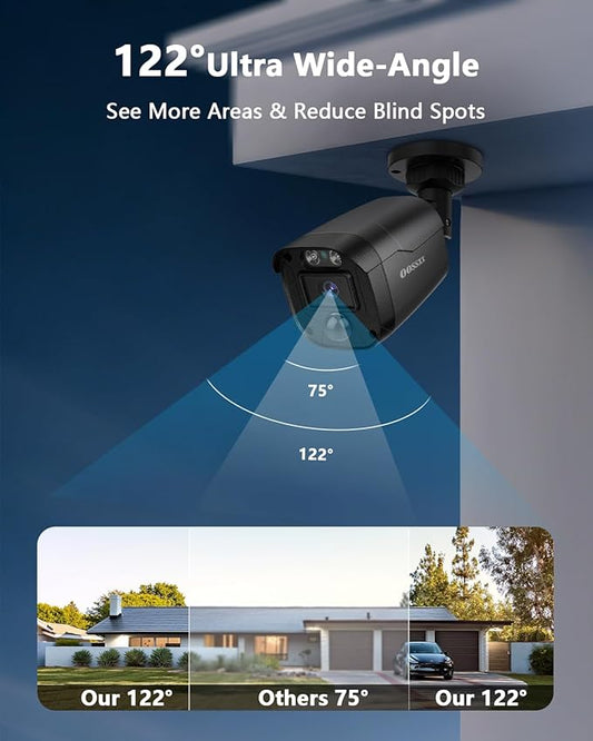 3K 5MP Wired CCTV Security Camera System with 122° Ultra Wide Angle, 4CH DVR with Monitor, 4X IP66 Indoor Outdoor Cameras, 65ft IR Night Vision, Free App, No Subscription Fee, Remote Access