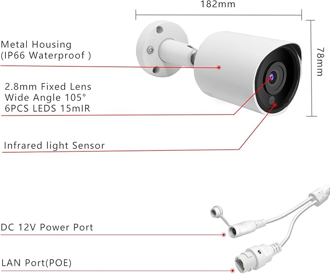 5MP PoE IP Security Camera, H.265 Bullet IP Camera with 105° Wide Angle, 2.8mm Lens, 80ft Night Vision, Compatible with Third-Party NVRs and Software (White)