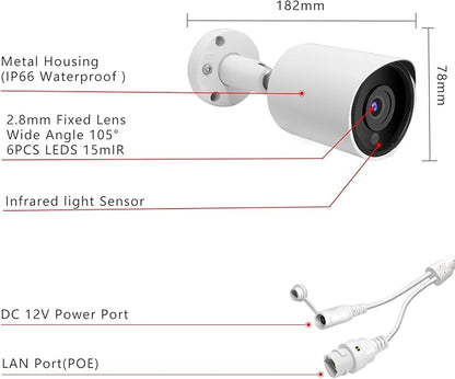 5MP PoE IP Security Camera, H.265 Bullet IP Camera with 105° Wide Angle, 2.8mm Lens, 80ft Night Vision, Compatible with Third-Party NVRs and Software (White)