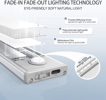 6 Pack Under Cabinet Lights Wireless, 50 LED Motion Sensor Light Indoor Rechargeable Magnetic Closet Lights Battery Operated, Under Counter Lights for Kitchen, Wardrobe, Hallway, Stairs