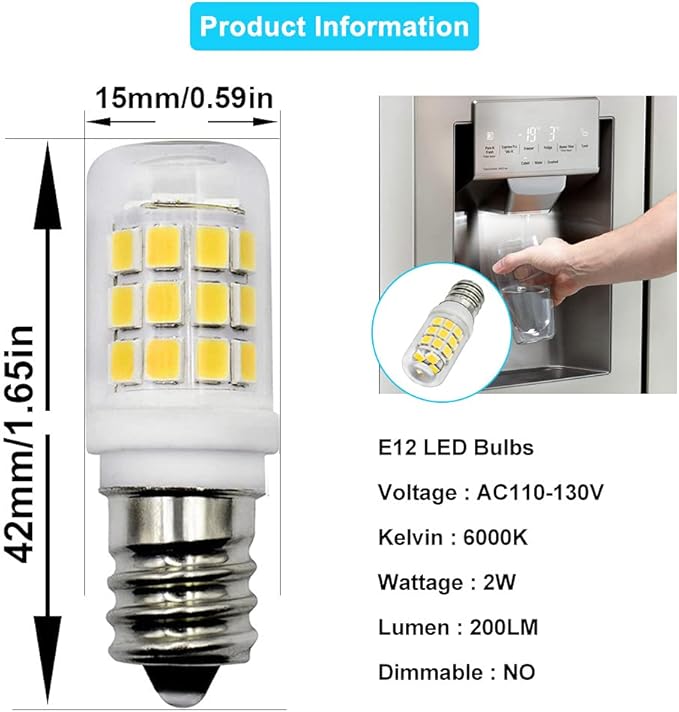 E12 LED Fridge Water Dispenser Light Bulb 2W(15W Replacement) 120V T5 Tubular Appliance Bulb for Chandeliers Home Lighting Refrigerator/Dryer Drum Light C7/S6 Clear Glass Daylight White 6000K,2-Pack