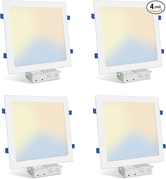 HONZIN 4 Pack 12 Inch Square Recessed Lighting, 5CCT Ultra-Thin LED Downlight, 2700K/3000K/3500K/4000K/5000K Selectable, Dimmable, 24W, IC Rated Canless Ceiling Lights with Junction Box, White Trim