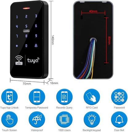 Wireless WiFi Tuya Access Control System Kit Waterproof IP68 RFID Keypad 125KHz 13.56MHz + Door Electric Strike Lock + DC12V Power Supply, Smart APP Remote Control