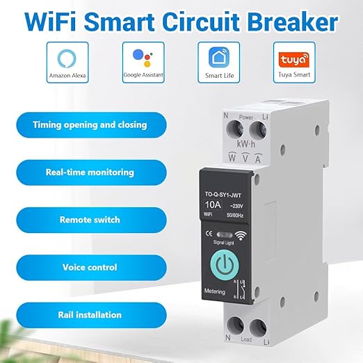 WiFi Circuit Breaker, 1P+N 10A 230V Smart Home Wireless Remote Control Switch Timer Voice Control Energy Monitor Compatible with Smart Life TUYA APP DIN Rail Mounted