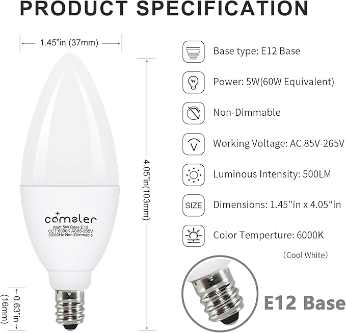 comzler E12 Ceiling Fan Light Bulbs, 5 Watt 60 Watt Equivalent LED Candelabra Bulbs, Cool Daylight 6000K Chandelier Light Bulbs, Candle Bulb Small Base for Chandelier, Non-Dimmable, 6 Pack