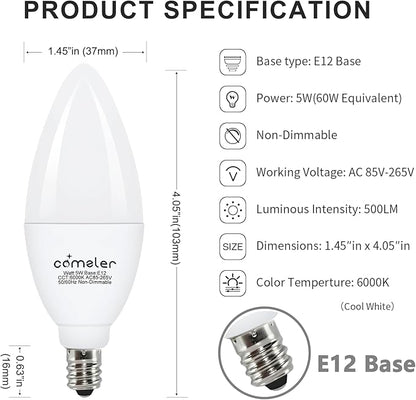 comzler 8 Pack E12 LED Light Bulbs, 5 Watt 60 Watt Equivalent LED Candelabra Bulbs, 6000K Cool Daylight Ceiling Fan Light Bulbs, Non-Dimmable Candle Bulb Small Base for Chandelier