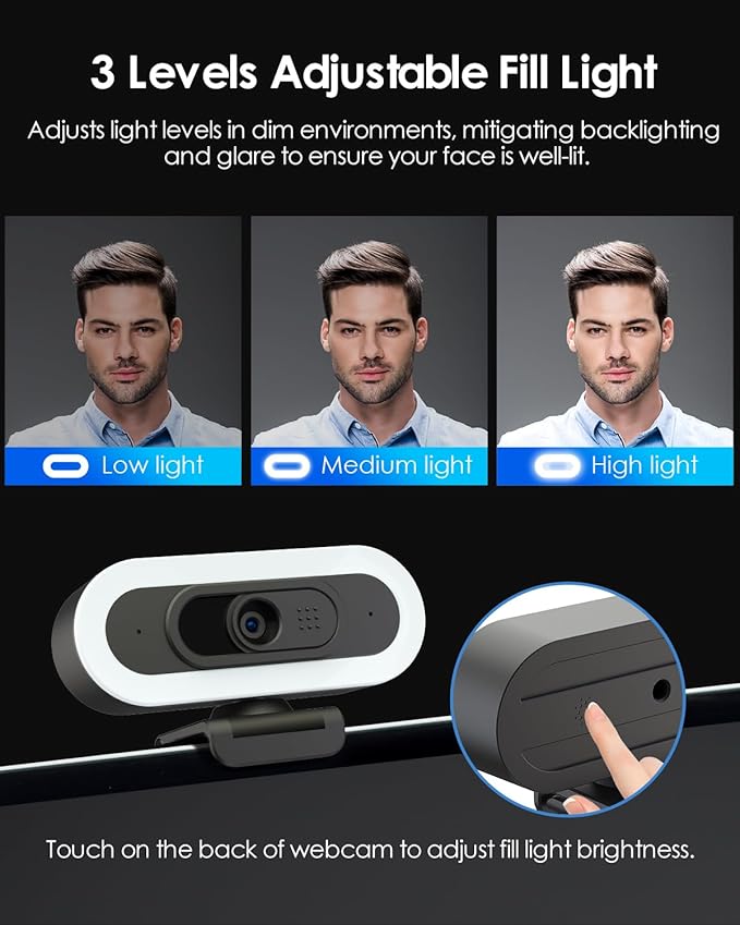 2K 50FPS Webcam for PC/Mac, Computer Camera with Fill RGB Lights, 2 Noise-Canceling Microphone, Autofocus and Tripod for Meeting, Live Streaming, Video Calls, Gaming, Works with Zoom, Skype, Teams