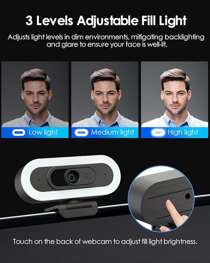 2K 50FPS Webcam for PC/Mac, Computer Camera with Fill RGB Lights, 2 Noise-Canceling Microphone, Autofocus and Tripod for Meeting, Live Streaming, Video Calls, Gaming, Works with Zoom, Skype, Teams