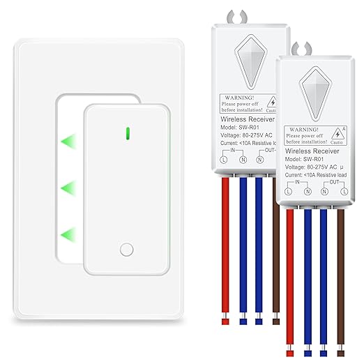 NineLeaf Wireless Light Switch and Receiver Kit, No Wiring RF Remote Control Switch, 1300FT Range, Programmable & Expandable,for Lights, Ceiling Fans, Lamps, 1000W LED(1Switch 2Receivers)