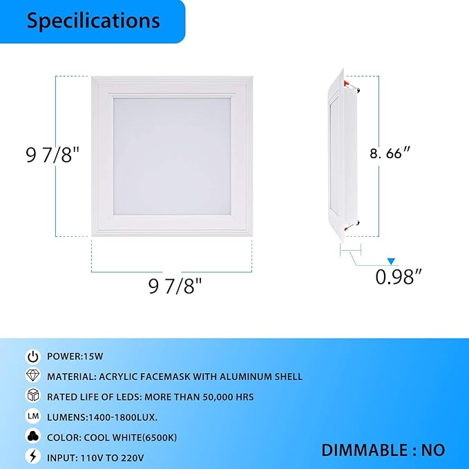 (OD 9.84" / ID 8.66") 15W Square LED Recessed Ceiling Light LED Downlight 130 Watt Equivalent 1400 Lumens 6000K Cool White with Open Trim,1Pack
